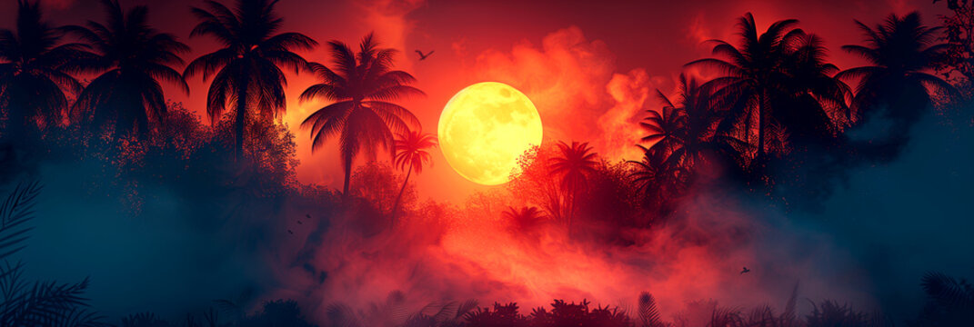 Orange afterglow decorates the sky as a full moon rises over a tropical forest