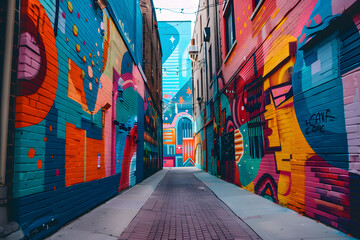 A vibrant street art mural in an urban alley, full of bright colors and bold designs, reflecting...