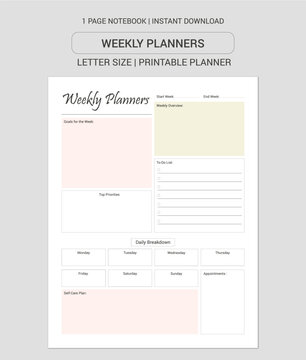 Weekly Planners Notes | Weekly Planners Notebook |Weekly Planners Workbook | Weekly Planners Log Book | Notebook Printable Planner | Letter Size