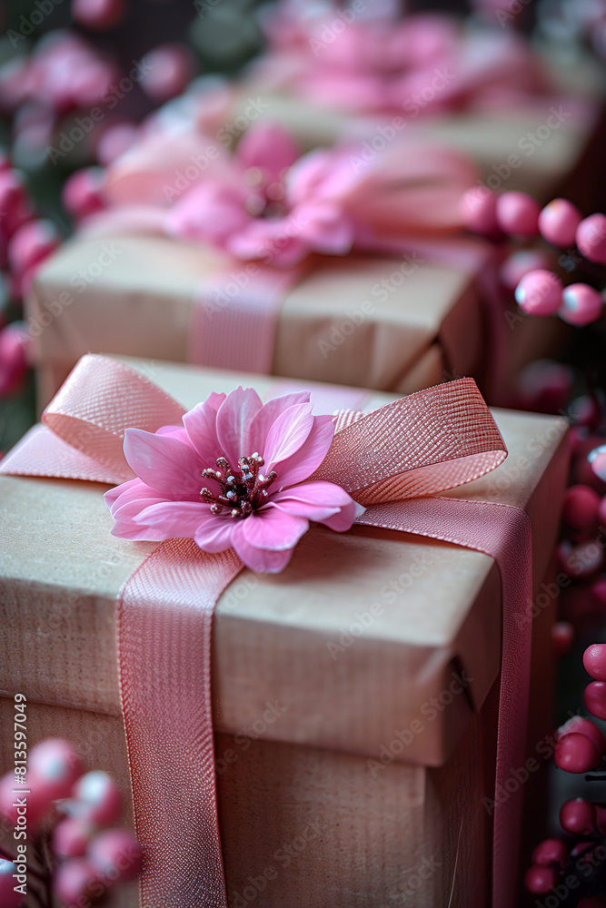 Wall mural beautiful gift box with flowers.