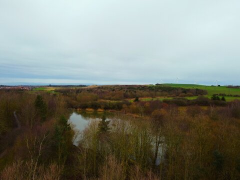 Aerial view of an autumn forest with Lyons lake in Hetton