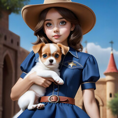 
Portrait of a little girl in a cowboy hat and a cute puppy in her arms