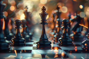 An artistic composition of a chess set in mid-game, with focus on a queen's strategic move, symbolizing power and decision