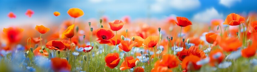 Obraz premium Beautiful closeup of poppies poppy Papaver rhoeas flowers in nature. Natural spring summer landscape with red poppies