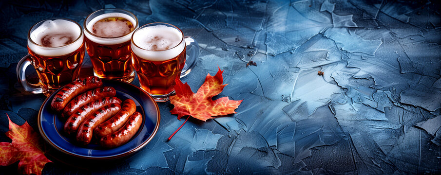 Three mugs of beer, sausages on plate, perfect for a junk food feast