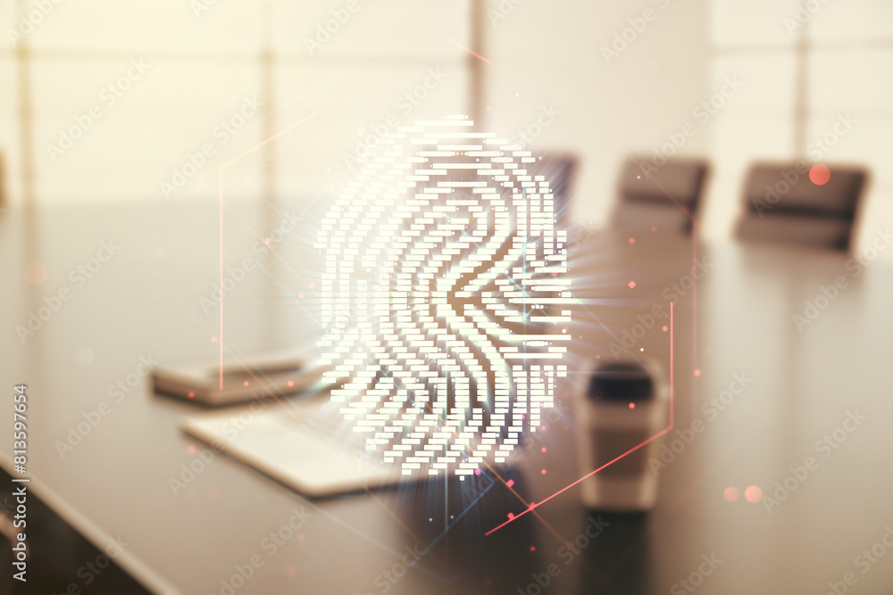 Aufkleber Multi exposure of abstract fingerprint scan interface on computer background, digital access concept
