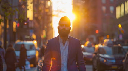 A black-haired guy with a well-groomed beard strolling along the London embankment in a gray jacket.