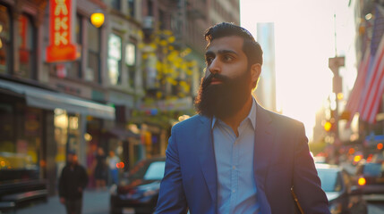  A dark-skinned man with a thick beard walking through the streets of Brooklyn in an olive-hued jacket.