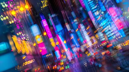 abstract neon metropolis cityscape featuring a towering skyscraper, a bustling street, and a bustling river
