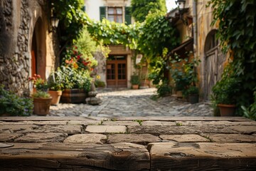 Fototapeta premium Quaint Cobblestone Podium, front view focus, with a European Cafe Background, ideal for travel accessory product displays
