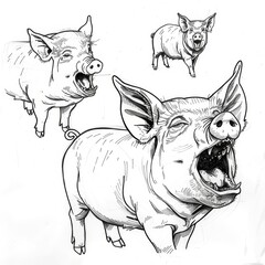 Fototapeta premium Expressive Pig Characters in Zen Calligraphy Style