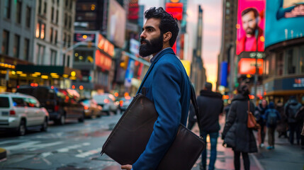 Fototapeta premium A dark-skinned guy with a curly beard walking along the alleys of Milan in a brown coat.