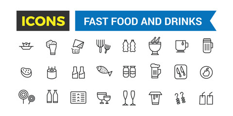Fast Food And Drinks Line Icons Collection, Bar, Restaurant, Food Icons, Ui Icon Set, Thin Outline Icons Pack, Vector Illustration