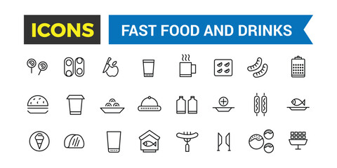 Fast Food And Drinks Line Icons Collection, Bar, Restaurant, Food Icons, Ui Icon Set, Thin Outline Icons Pack, Vector Illustration