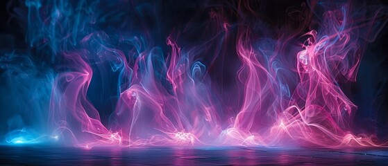 Ribbons of pink and blue light cascading in an abstract ballet