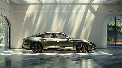 Fototapeta na wymiar A light green car parked in a art museum, An arc-shaped space, Soft Light and shadow fell on the wall. Generative AI.