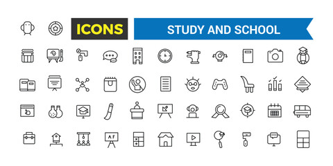 Study And School Line Icons Collection, Big Ui Icon Set In A Flat Design, Thin Outline Icons Pack, Vector Illustration