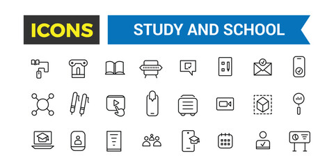 Study And School Line Icons Collection, Big Ui Icon Set In A Flat Design, Thin Outline Icons Pack, Vector Illustration