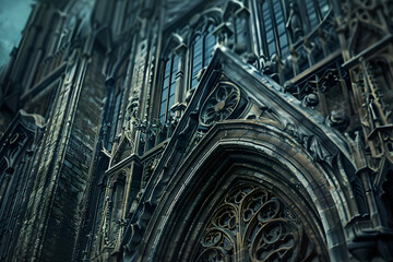 A detailed architectural study of an old cathedral's intricate facade, focusing on the gothic elements and historical texture