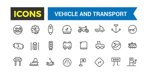 Vehicle And Transport Line Icons Collection, Big Ui Icon Set In A Flat Design, Thin Outline Icons Pack, Vector Illustration