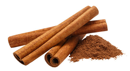 Delicious cinnamon sticks and cinnamon powder, cut out
