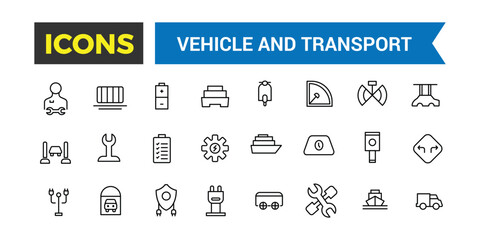 Vehicle And Transport Line Icons Collection, Big Ui Icon Set In A Flat Design, Thin Outline Icons Pack, Vector Illustration