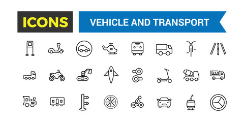 Vehicle And Transport Line Icons Collection, Big Ui Icon Set In A Flat Design, Thin Outline Icons Pack, Vector Illustration