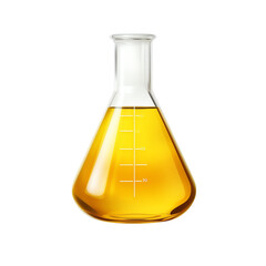 Image shows a wide-mouth graduated conical flask, three-quarters full with a yellow liquid.