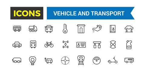 Vehicle And Transport Line Icons Collection, Big Ui Icon Set In A Flat Design, Thin Outline Icons Pack, Vector Illustration