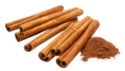 Delicious cinnamon sticks and cinnamon powder, cut out