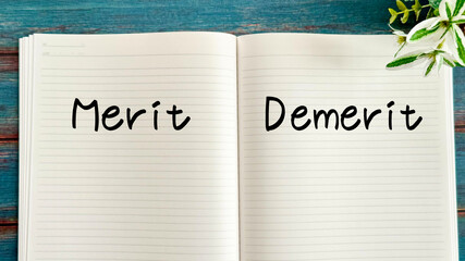 MeritとDemeritの文字入り開いたノートと右上に葉_青板背景
