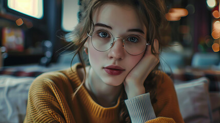 A close-up shot of a girl with glasses enjoying the atmosphere of a city cafe.