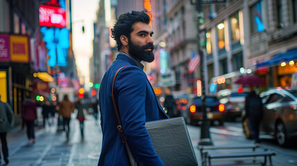  A dark-skinned man with a full beard walking through the streets of Manhattan in a dark gray jacket.