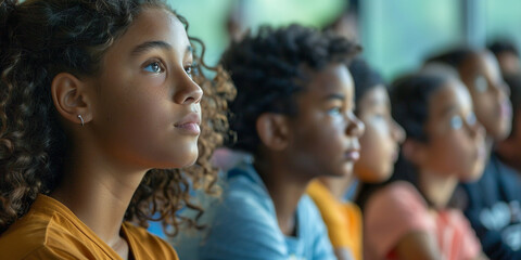 Fototapeta premium a group of mixed race 13 year old students listening to a lecture about human trafficking with a long depth of field
