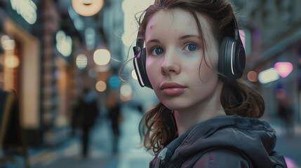 Portrait of a girl with headphones, immersed in the atmosphere of music in the middle of a city street.