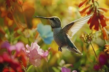 Fototapeta premium A high-speed shot of a hummingbird in flight, hovering over vibrant flowers, showcasing the beauty of motion and nature 