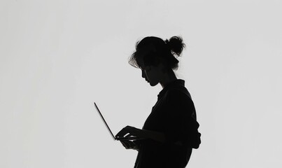 Silhouette of woman holding laptop, white background