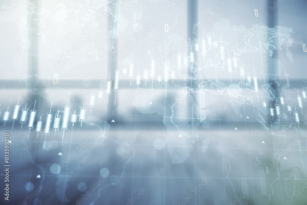 Poster multi exposure of virtual abstract financial chart hologram and world map on empty modern office bac