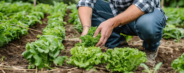 A man is kneeling down in a garden and picking lettuce. The scene is peaceful and serene, with the man surrounded by fresh greens