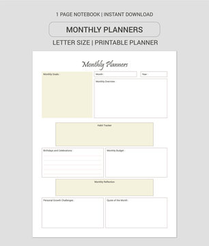 Monthly Planners  Notes | Monthly Planners  Notebook |Monthly Planners  Workbook | Monthly Planners  Log Book | Notebook Printable Planner | Letter Size