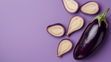A plump eggplant surrounded by some eggplant slices