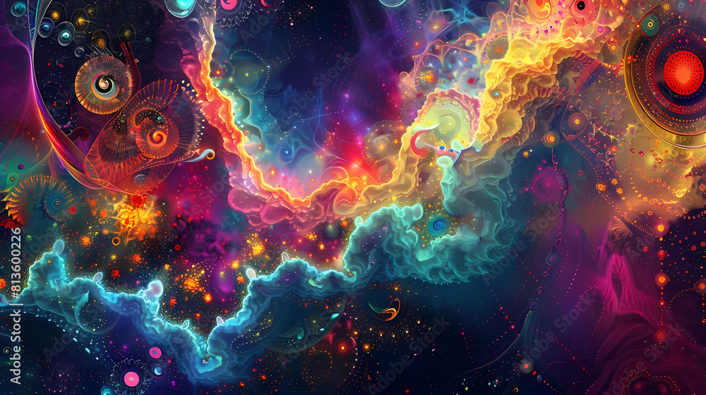 Poster abstract psychedelic cosmos background with a lot of colorful shapes and textures