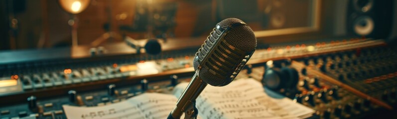 Microphone in front of music recording equipment in recording studio. Banner