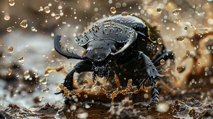 A macrophotograph of a dung beetle pushing a ball of dung topped with water droplets demonstrates incredible natural activity.