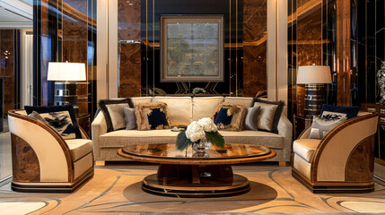 Art deco living room with an emphasis on craftsmanship, featuring custom wood inlays and luxurious fabrics.