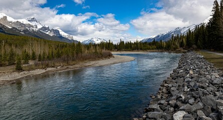 Canadian Rockies view with a river flowing to the ridged mountains, yellow trees around