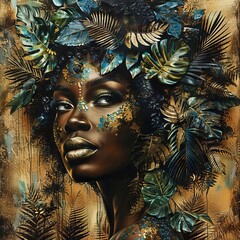 Jungle Majesty Create an image of a Black woman standing majestically with a backdrop of dense jungle