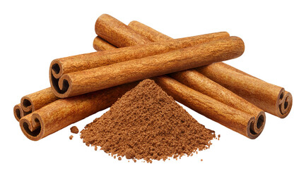 Delicious cinnamon sticks and cinnamon powder, cut out