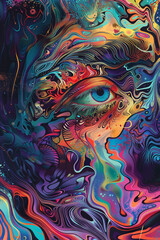 art and adriftby jonathan rochester, in the style of psychedelic portraits, flowing lines, detailed