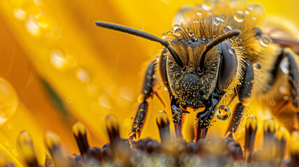 Macro photography of a bee on a sunflower petal with water droplets opens up the world of the smallest details of wildlife.
